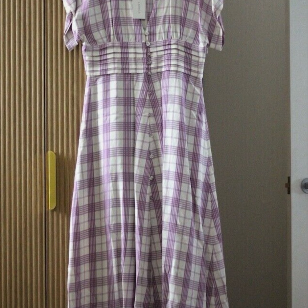 Lavender Gingham Midi Dress with Buttons - Picture 2 of 8